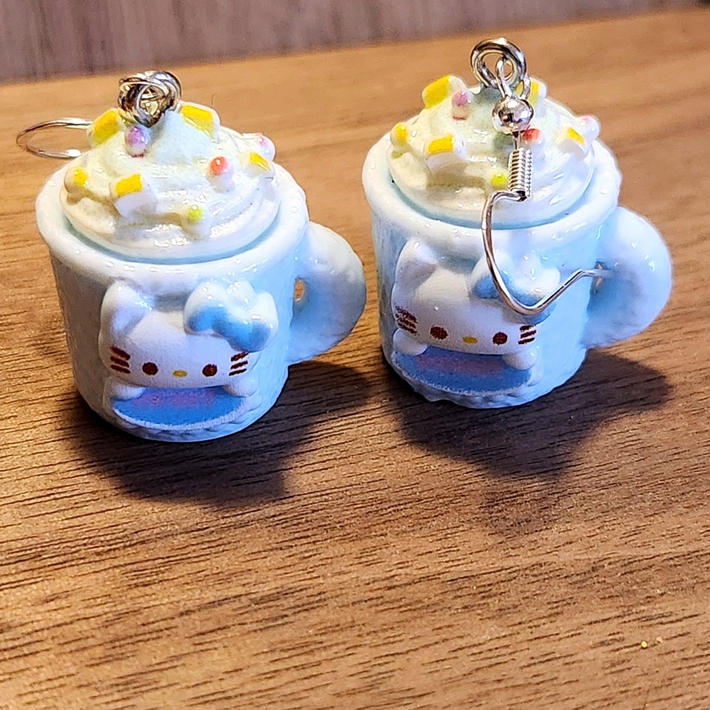 Blue Kitten Coffee Mug 3D Drop Earrings Faux Whipped Cream Miniature‎ Food